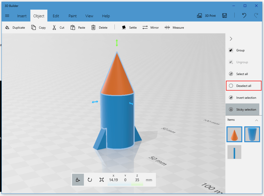 3D Builder object selection and grouping on the workspace